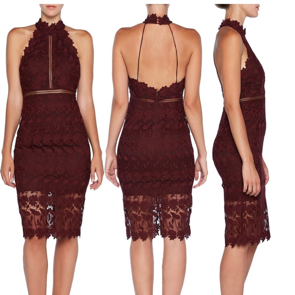 Bardot Halter formal midi dress in wine